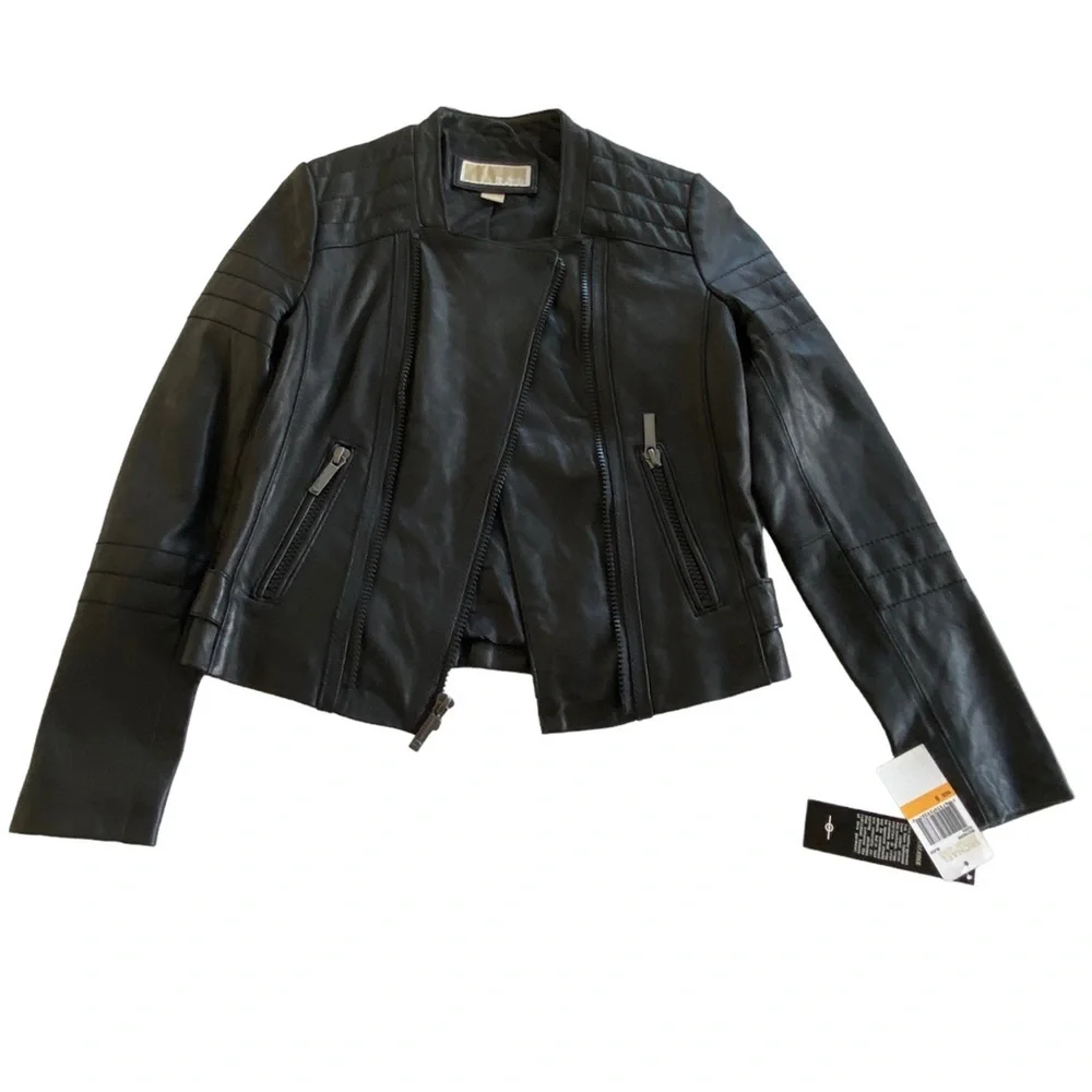 Michael Kors Womens Moto Leather Jacket Black Size Small NWD